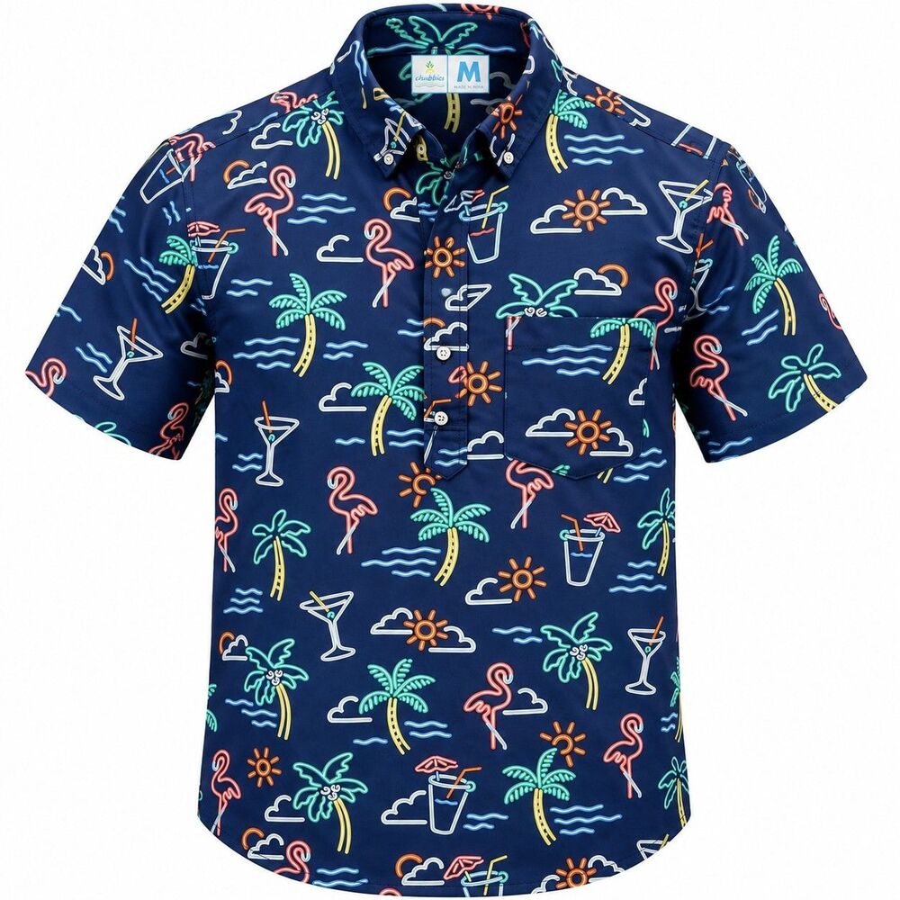 Chubbies "The One Man Wolf Pack" Men's Medium Blue Neon Flamingo Hawaiian Shirt